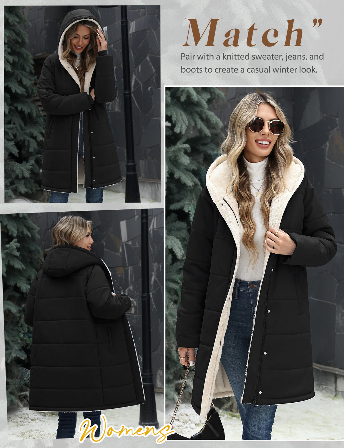 LVWQ Women's Long Puffer Coat Hooded Sherpa Fleece Lined Winter Parka Warm Quilted Padded Jacket with