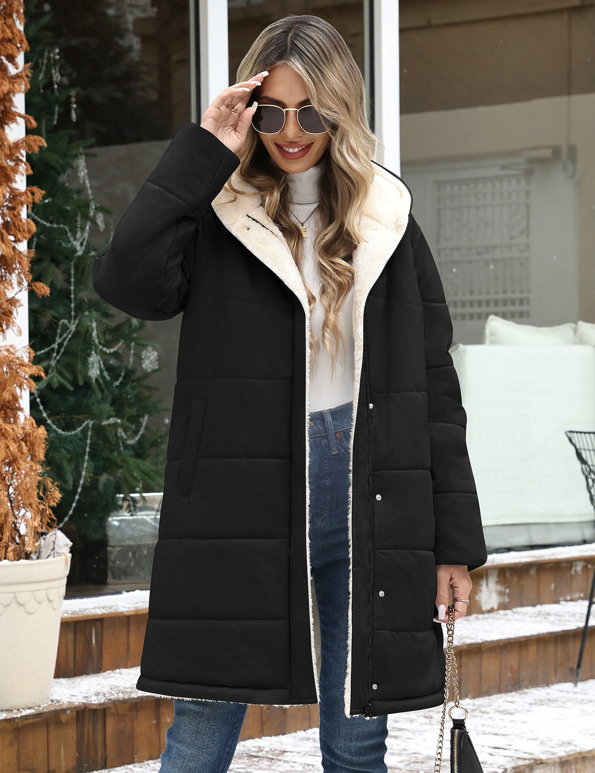 LVWQ Women's Long Puffer Coat Hooded Sherpa Fleece Lined Winter Parka Warm Quilted Padded Jacket with