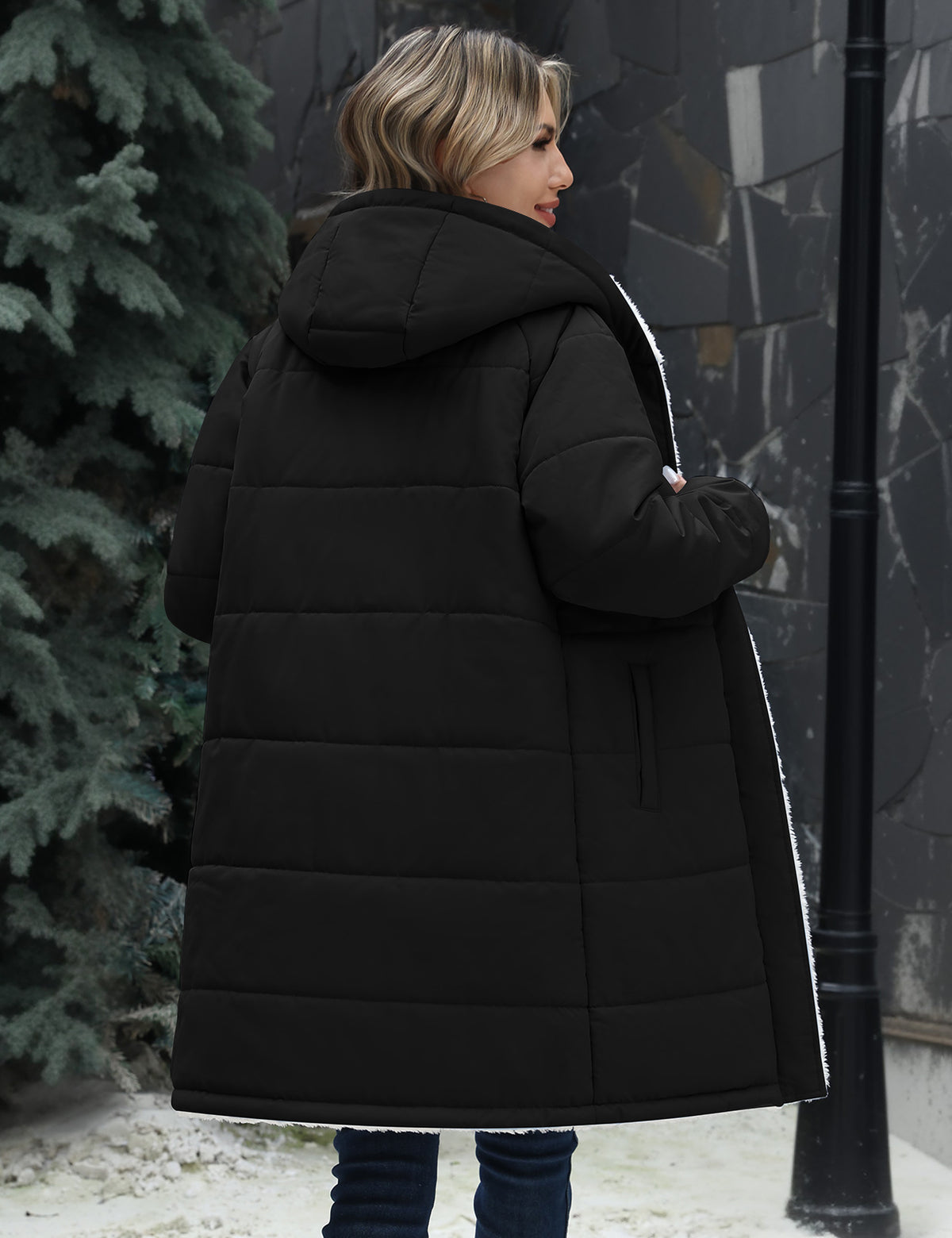 LVWQ Women's Long Puffer Coat Hooded Sherpa Fleece Lined Winter Parka Warm Quilted Padded Jacket with