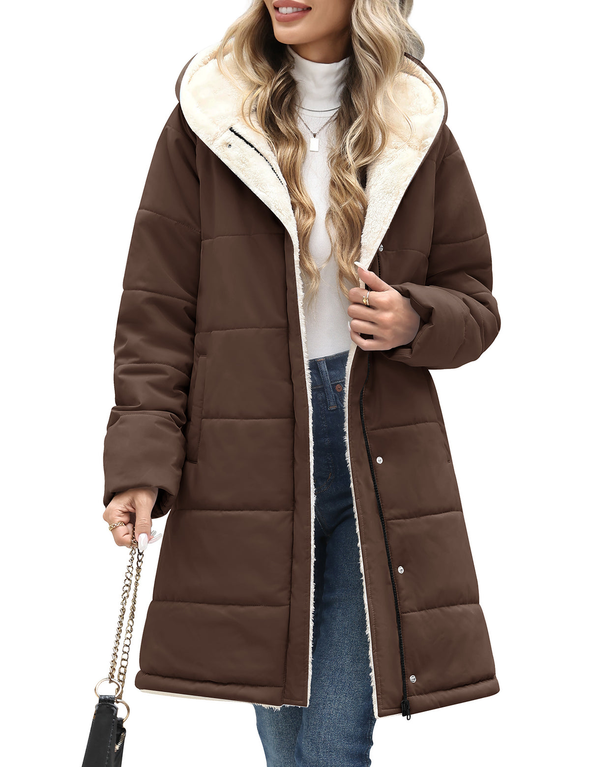 LVWQ Women's Long Puffer Coat Hooded Sherpa Fleece Lined Winter Parka Warm Quilted Padded Jacket with