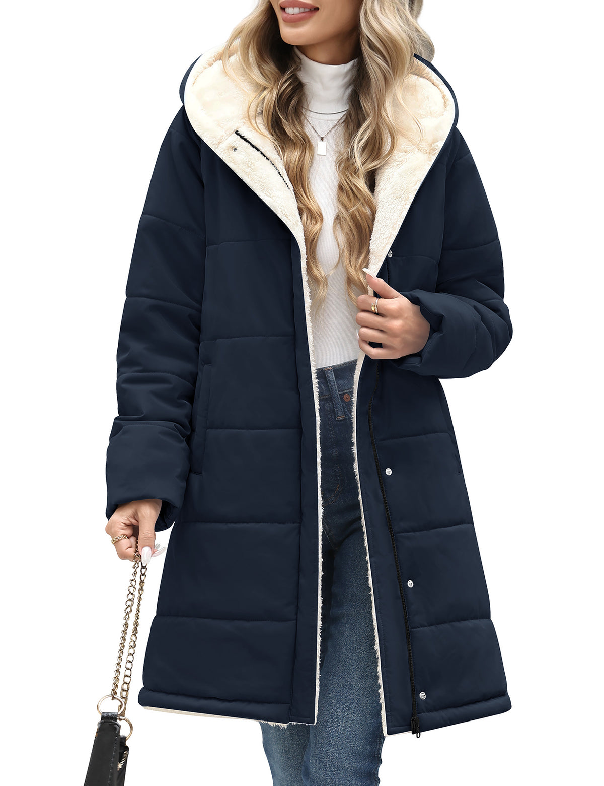 LVWQ Women's Long Puffer Coat Hooded Sherpa Fleece Lined Winter Parka Warm Quilted Padded Jacket with