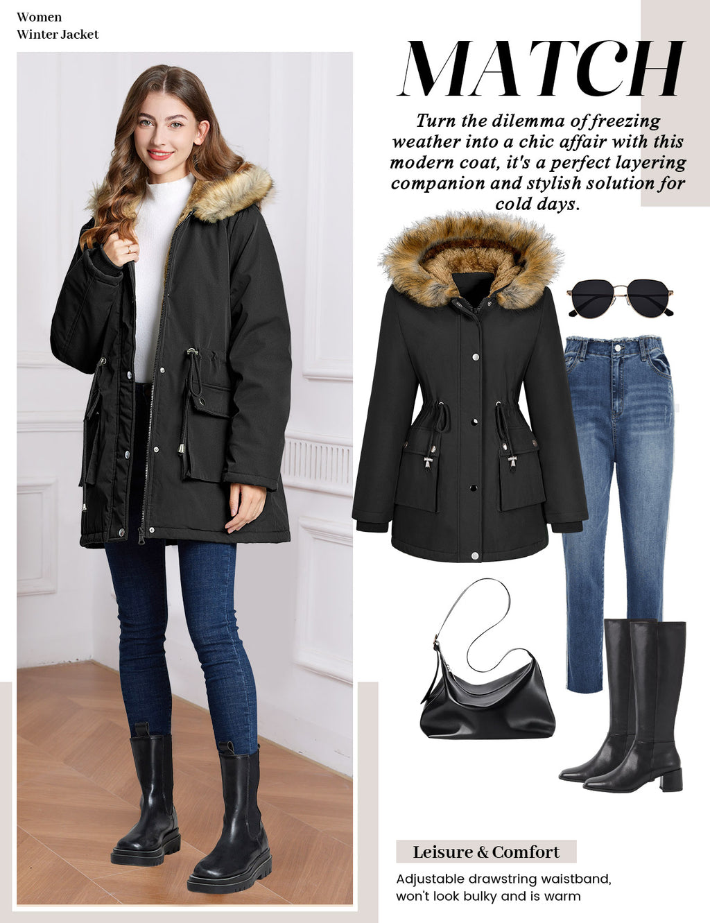 LVWQ Women's Winter Parka Coat Fleece Lined Jacket with Faux Fur Hood, Heavy Warm Winter Coat, Water Resistant Windproof Jacket with Pockets