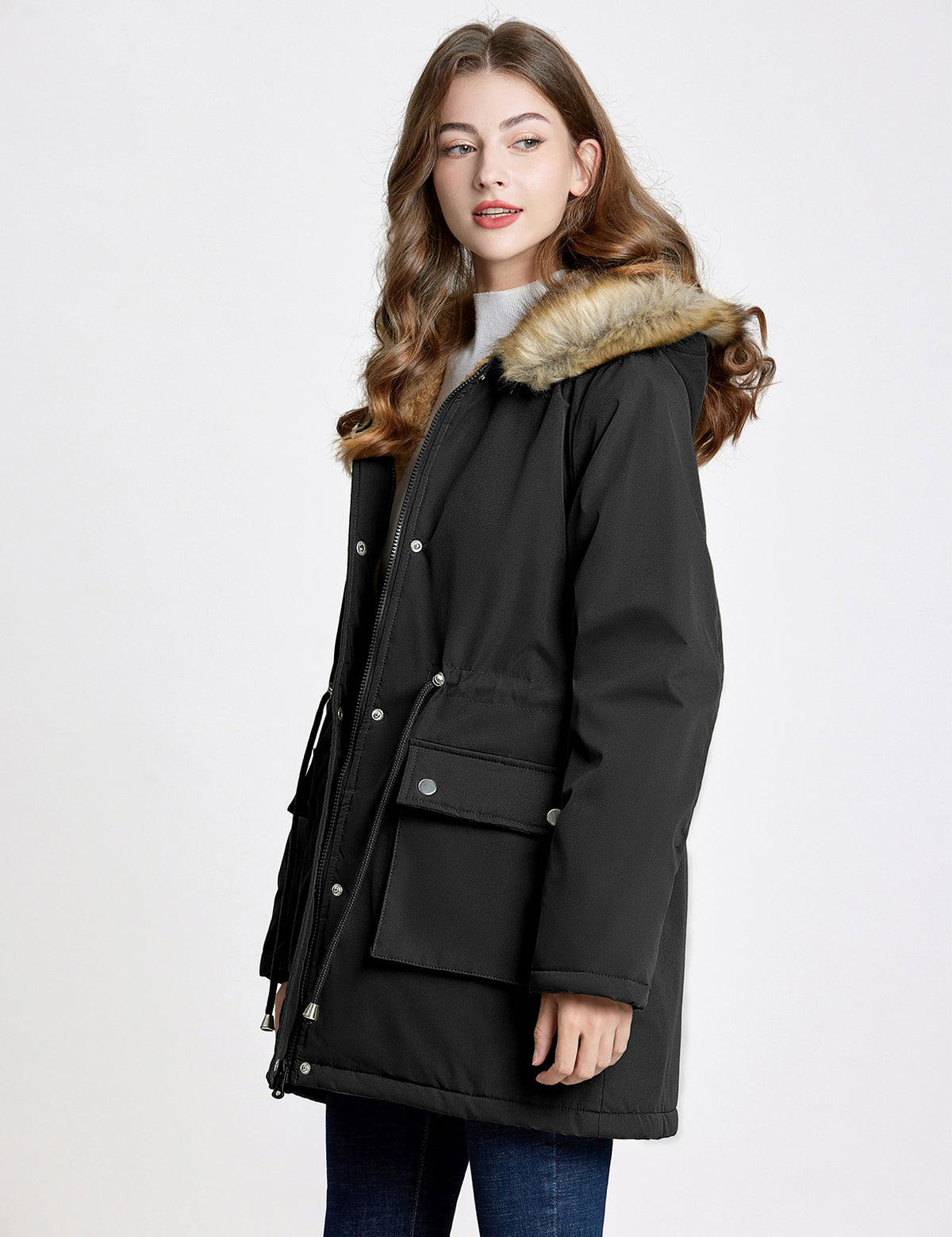 LVWQ Women's Winter Parka Coat Fleece Lined Jacket with Faux Fur Hood, Heavy Warm Winter Coat, Water Resistant Windproof Jacket with Pockets
