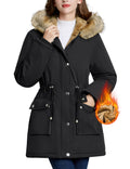 LVWQ Women's Winter Parka Coat Fleece Lined Jacket with Faux Fur Hood, Heavy Warm Winter Coat, Water Resistant Windproof Jacket with Pockets