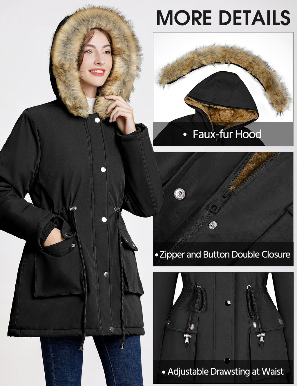 LVWQ Women's Winter Parka Coat Fleece Lined Jacket with Faux Fur Hood, Heavy Warm Winter Coat, Water Resistant Windproof Jacket with Pockets