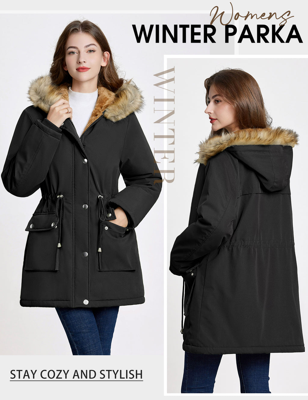 LVWQ Women's Winter Parka Coat Fleece Lined Jacket with Faux Fur Hood, Heavy Warm Winter Coat, Water Resistant Windproof Jacket with Pockets