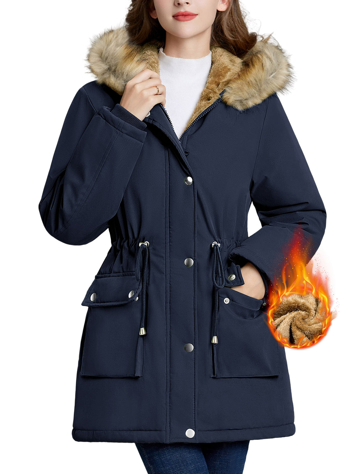 LVWQ Women's Winter Parka Coat Fleece Lined Jacket with Faux Fur Hood, Heavy Warm Winter Coat, Water Resistant Windproof Jacket with Pockets