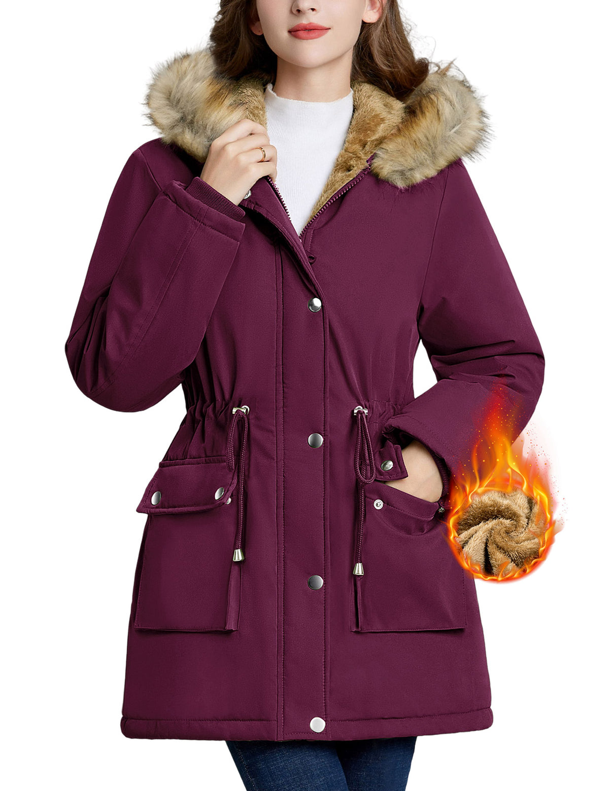 LVWQ Women's Winter Parka Coat Fleece Lined Jacket with Faux Fur Hood, Heavy Warm Winter Coat, Water Resistant Windproof Jacket with Pockets