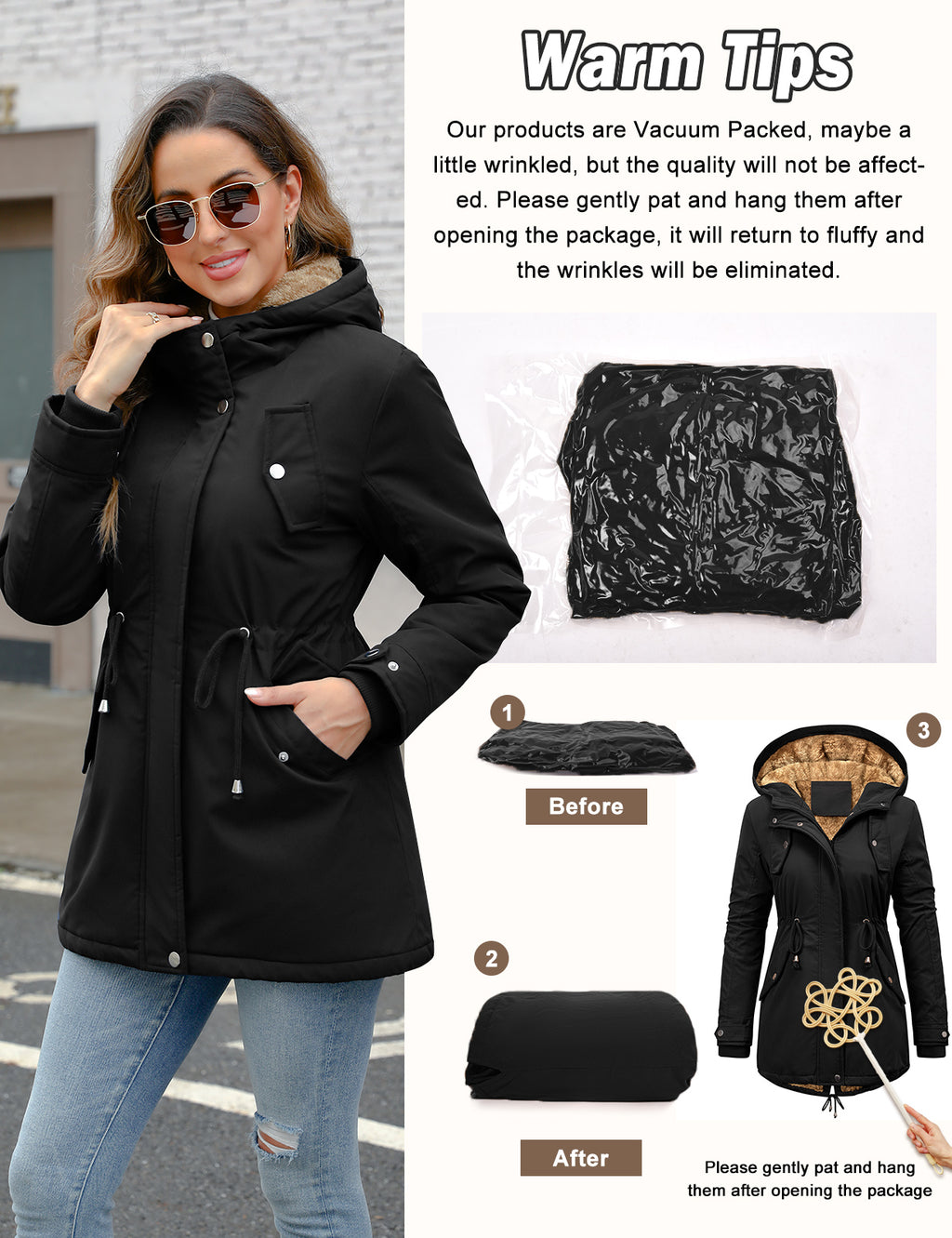 LVWQ Women's Winter Parka Coat Fleece Lined Hooded Jacket, Warm Water Resistant Winter Coat with Pockets, Casual Outdoor Jacket