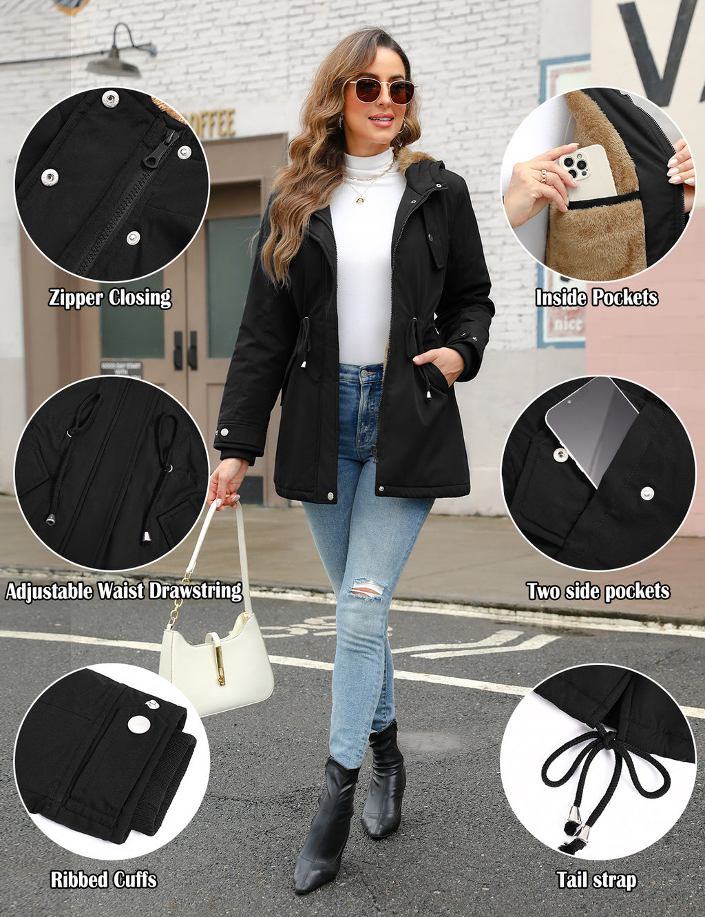 LVWQ Women's Winter Parka Coat Fleece Lined Hooded Jacket, Warm Water Resistant Winter Coat with Pockets, Casual Outdoor Jacket
