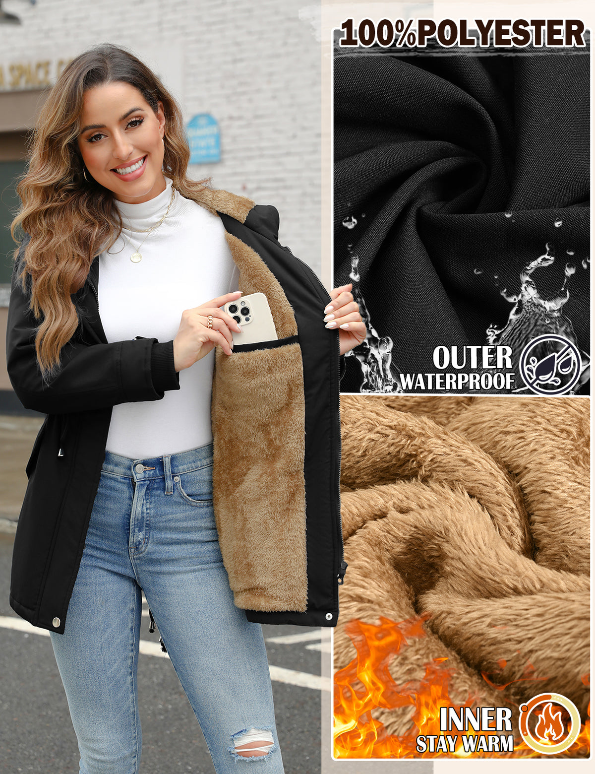 LVWQ Women's Winter Parka Coat Fleece Lined Hooded Jacket, Warm Water Resistant Winter Coat with Pockets, Casual Outdoor Jacket