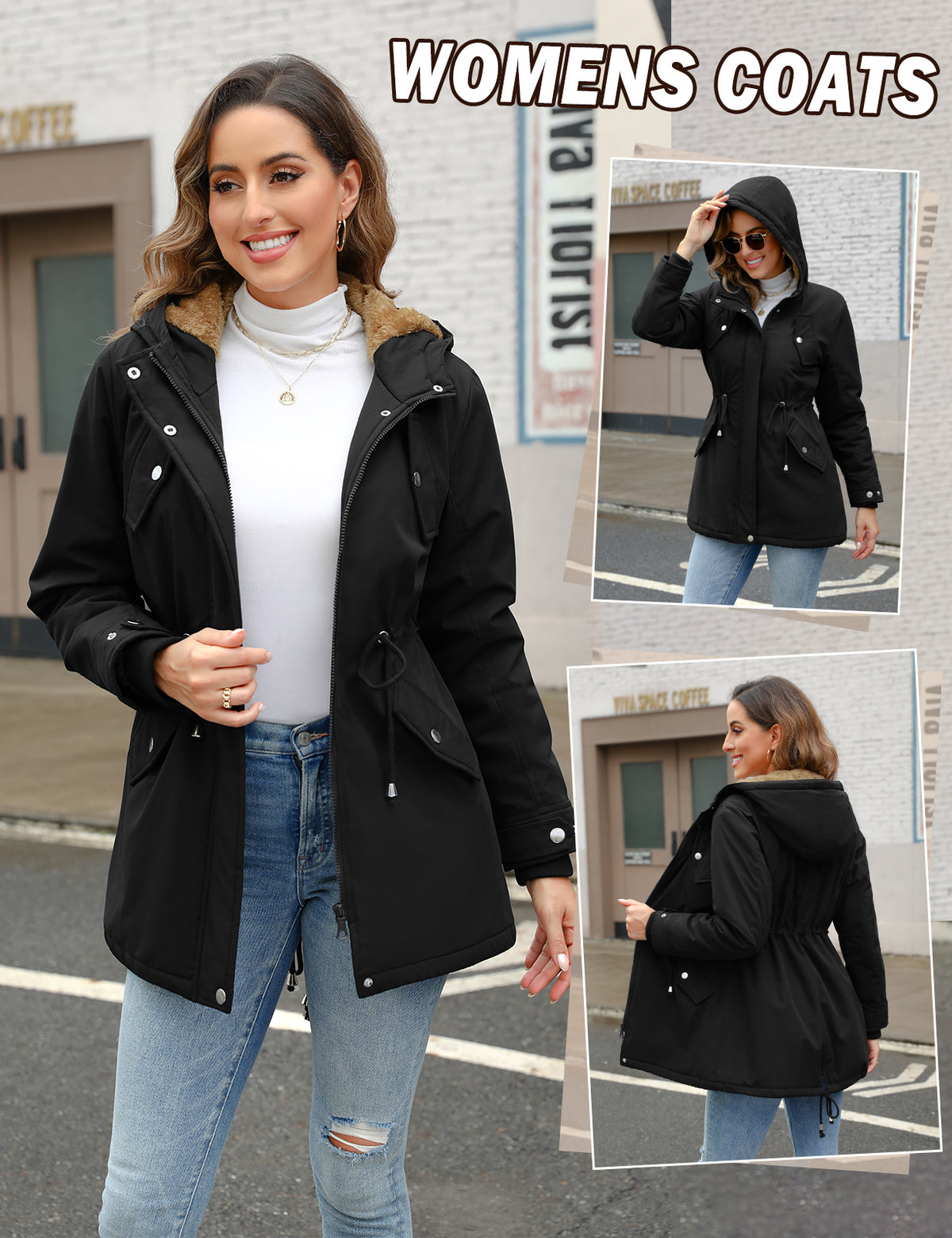LVWQ Women's Winter Parka Coat Fleece Lined Hooded Jacket, Warm Water Resistant Winter Coat with Pockets, Casual Outdoor Jacket