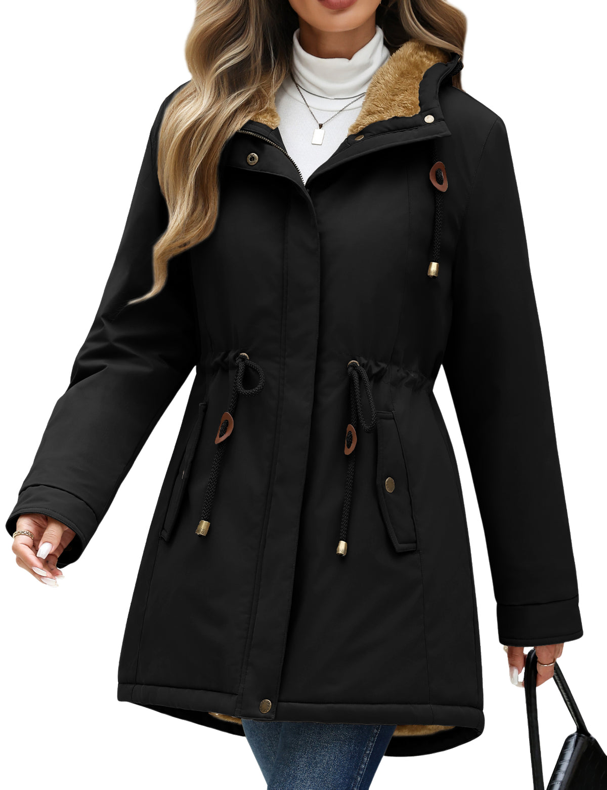 LVWQ Women's Winter Coat Waterproof Fleece Lined Hooded Parka Jacket with Pockets Mid Length Warm Outerwear