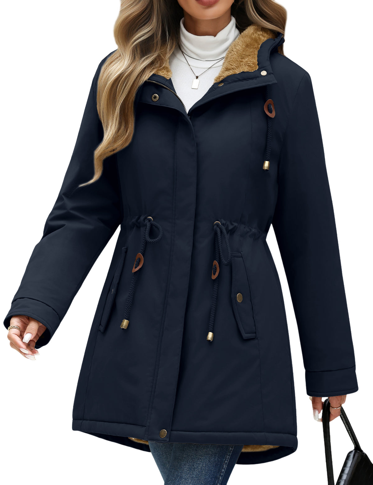 LVWQ Women's Winter Coat Waterproof Fleece Lined Hooded Parka Jacket with Pockets Mid Length Warm Outerwear